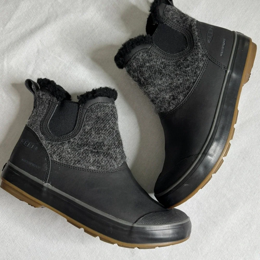 Keen Elsa Chelsea Waterproof Boots Black Grey Wool Faux Fur Lining Womens 8